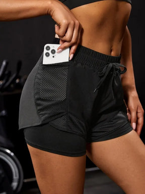 Shorts Esportivos Femininos com Bolsos — Legging Falsa 2 em 1 para Corrida e Treino