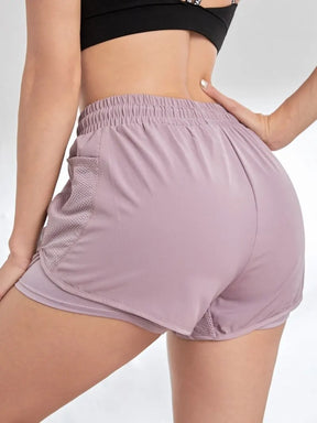 Shorts Esportivos Femininos com Bolsos — Legging Falsa 2 em 1 para Corrida e Treino