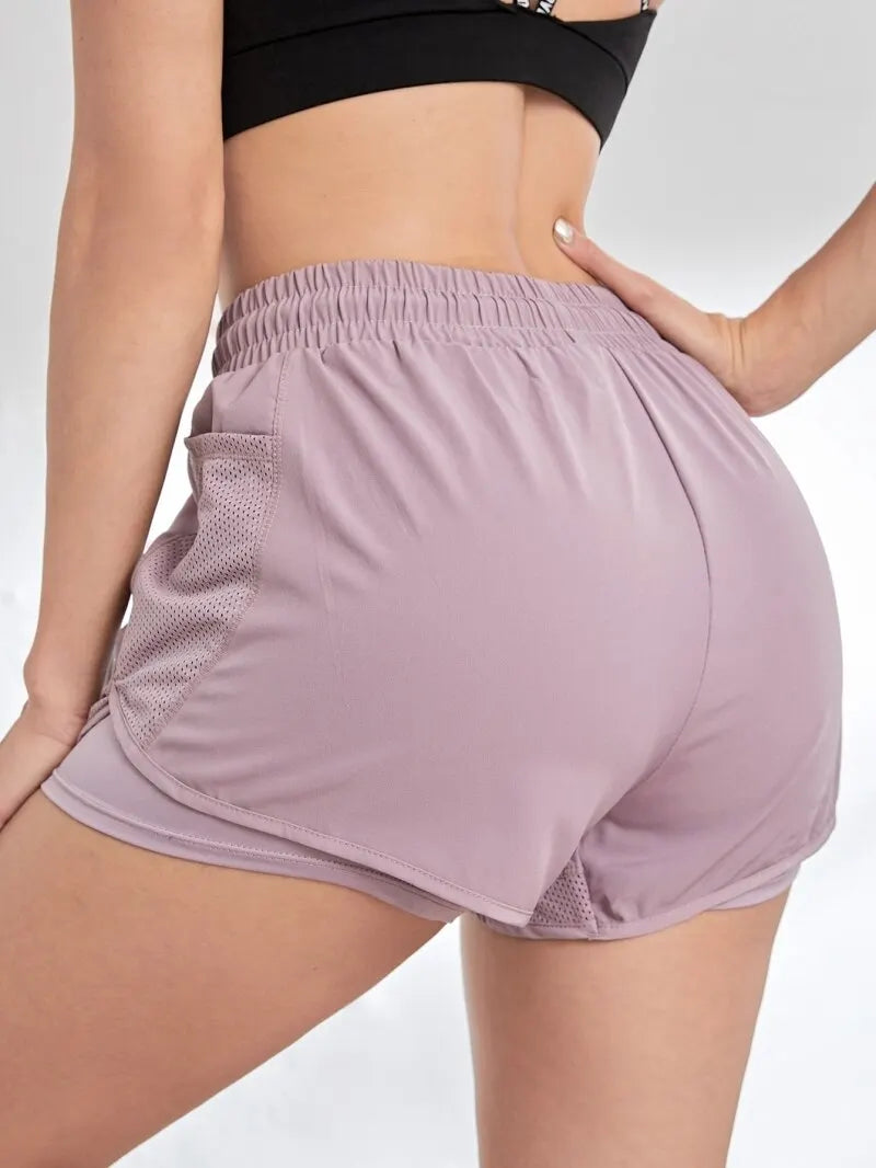 Shorts Esportivos Femininos com Bolsos — Legging Falsa 2 em 1 para Corrida e Treino