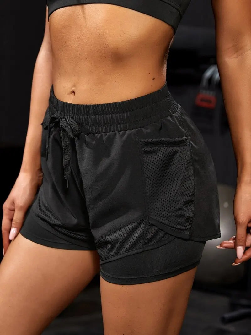 Shorts Esportivos Femininos com Bolsos — Legging Falsa 2 em 1 para Corrida e Treino