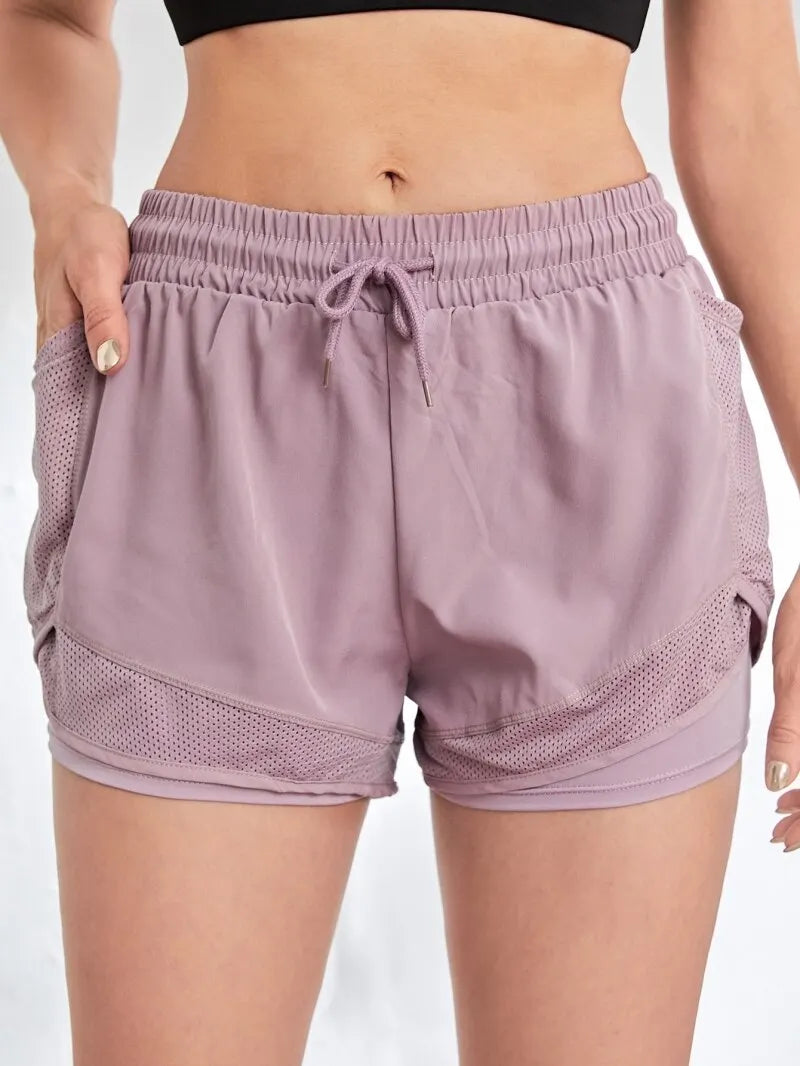 Shorts Esportivos Femininos com Bolsos — Legging Falsa 2 em 1 para Corrida e Treino